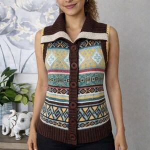 Boho Fair‎ Isle Knit Sweater Vest Button Front Cozy Indie Cottage Wool Blend